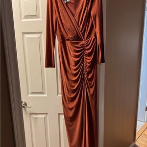 Ruched Wrap-Front Long Sleeve Dress in Rust Orange